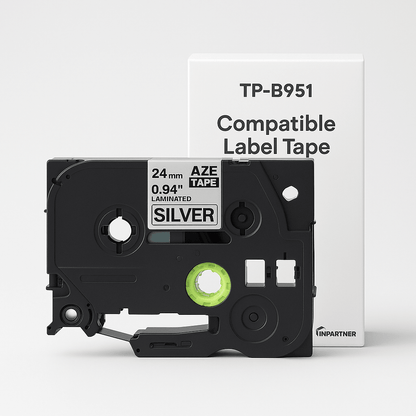 Brother Tze951 Tape sort tekst på sølv tape – 24mm x 8m – Uoriginal